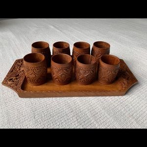 Vintage Monkey Pod Hawaiian Carved Tiki Wood Salad Bowls Pear Shaped Set 8 Pcs